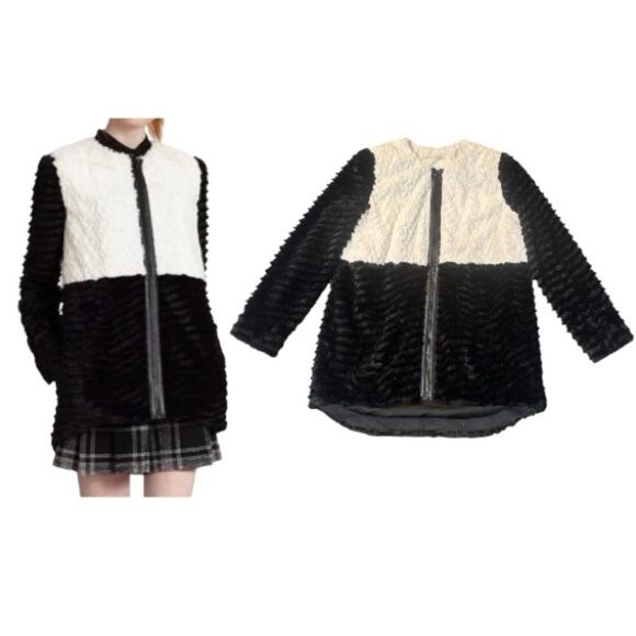 Alice + Olivia Black & White Color Block Faux Fur Jacket Size Medium - Picture 1 of 11